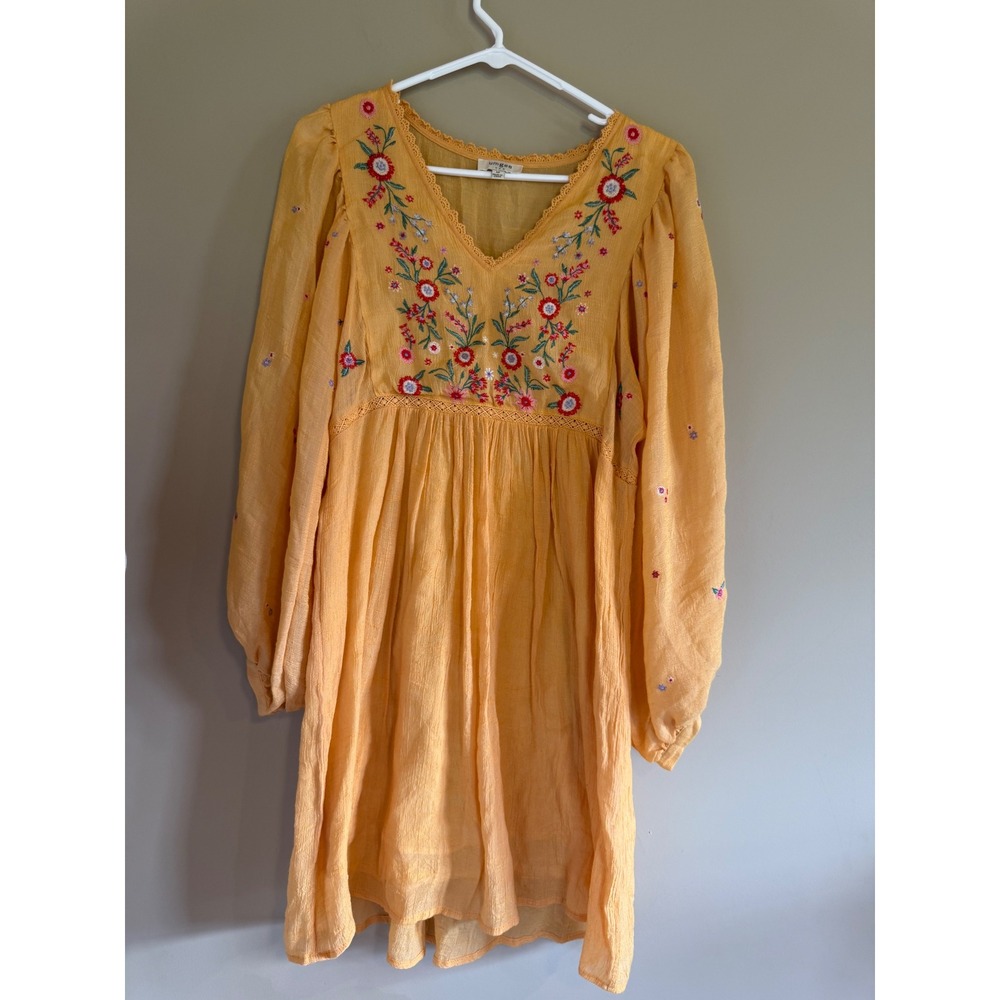 Umgee Mustard Yellow Embroidered Floral Babydoll Dress Boho Lace Mini Medium